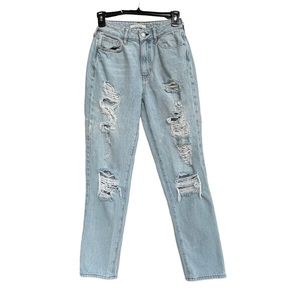 PacSun Denim - Pacsun SZ 24 Mom Jeans Mid-Rise Zip-Fly Distressed Rips Pockets Light Wash Blue